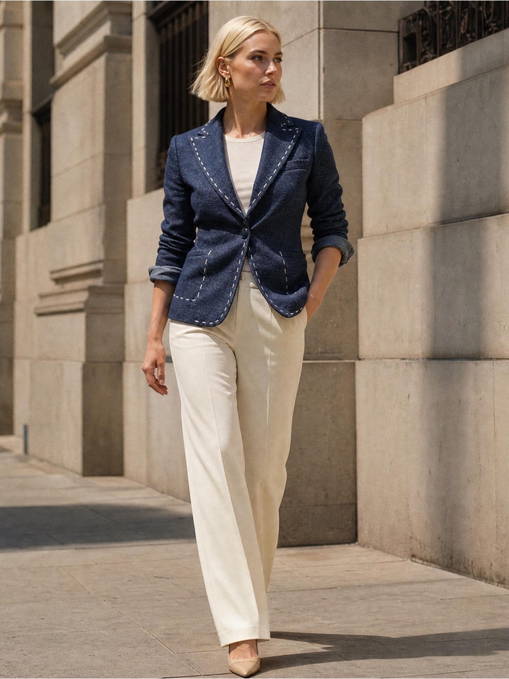 Women's Navy Tailored Blazer with Contrast Stitching